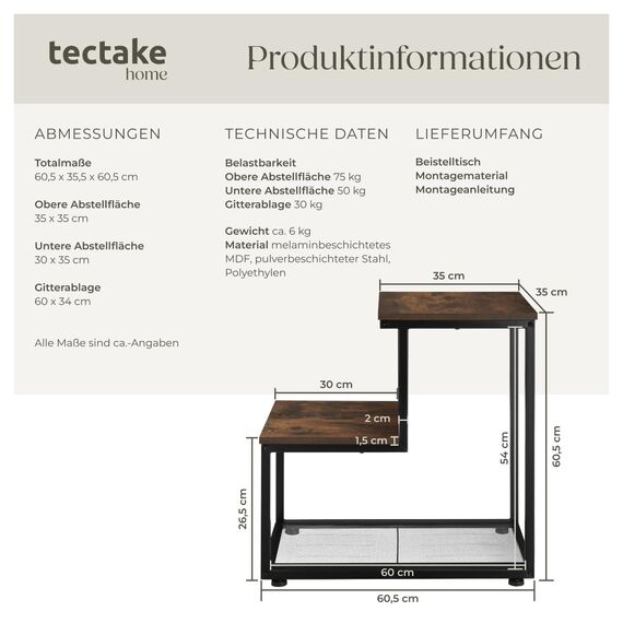 tectake® Industrial Beistelltisch Holz + Metall, Couchtisch 60,5 x 35,5 x 60,5 cm, Deko Wohnzimmer, Blumenständer, Pflanzenständer, Beistelltisch Couch, Nachttisch - Industrial Dunkelbraun