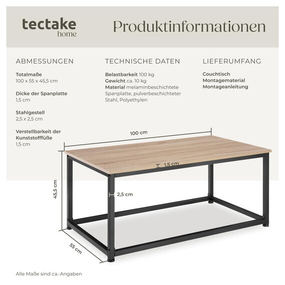 tectake® Couchtisch Holz und Metall, Wohnzimmertisch 100 x 55 x 45,5 cm, Sofa Tisch Wohnzimmer Möbel, Couch Tisch, Coffee Table, Zimmer Deko, Beistelltisch - Industrial Holz hell, Eiche Sonoma