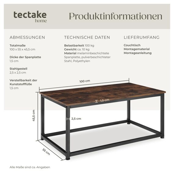 tectake® Couchtisch Holz und Metall, Wohnzimmertisch 100 x 55 x 45,5 cm, Sofa Tisch Wohnzimmer Möbel, Couch Tisch, Coffee Table, Zimmer Deko, Beistelltisch - Industrial Dunkelbraun