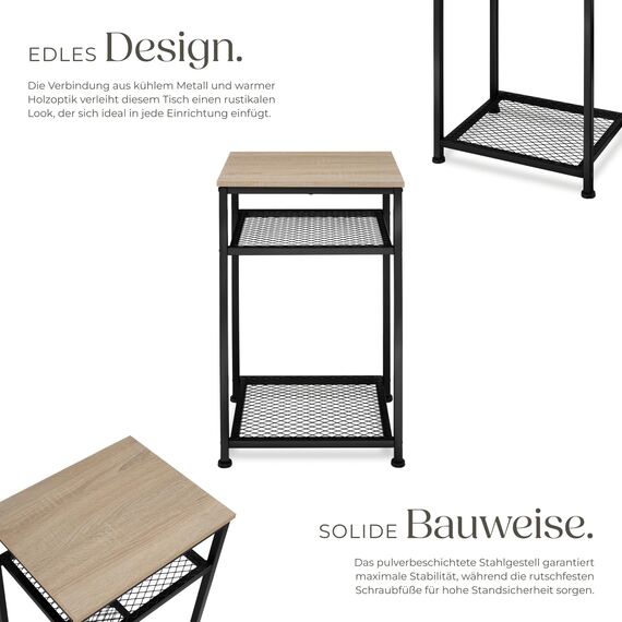 tectake® Beistelltisch Holz und Metall, Couchtisch mit Stauraum auf 3 Ebenen, Tisch Deko Wohnzimmer Möbel, Blumenständer, Deko Schlafzimmer, Beistelltisch Couch - Industrial Holz hell, Eiche Sonoma