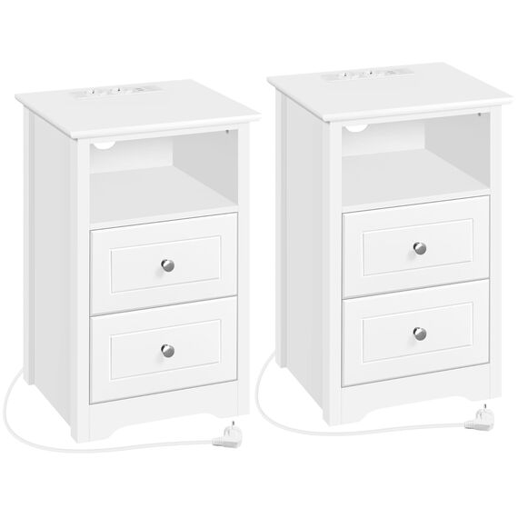 Yaheetech Nachttische 2er Set Beistelltisch mit Ladestation und 2 Schubladen Moderner Nachtschrank Holz Couchtisch Sofatisch für Schlafzimmer, Wohnzimmer, Weiß