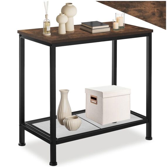 tectake® Beistelltisch Holz + Metall, Nachttisch schmal, Couchtisch mit Gitterablage, Konsolentisch, Tisch Wohnzimmer, Deko Schlafzimmer, Blumenständer - Industrial Holz dunkel, rustikal