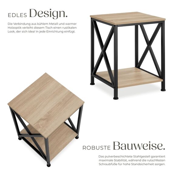 tectake® Industrial Möbel, Beistelltisch Holz und Metall, Schlafzimmer Nachttisch mit 2 Ebenen, Couchtisch mit X-Streben, Wohnzimmertisch, Beistelltisch Couch - Industrial Holz hell, Eiche Sonoma