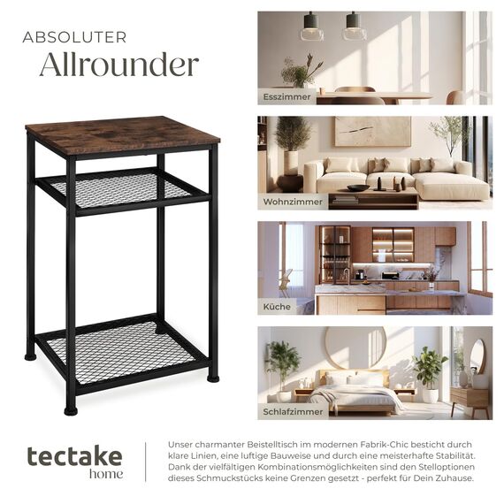 tectake® Beistelltisch Holz und Metall, Couchtisch mit Stauraum auf 3 Ebenen, Tisch Deko Wohnzimmer Möbel, Blumenständer, Deko Schlafzimmer, Beistelltisch Couch - Industrial Dunkelbraun