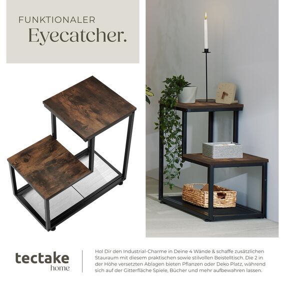 tectake® Industrial Beistelltisch Holz + Metall, Couchtisch 60,5 x 35,5 x 60,5 cm, Deko Wohnzimmer, Blumenständer, Pflanzenständer, Beistelltisch Couch, Nachttisch - Industrial Dunkelbraun