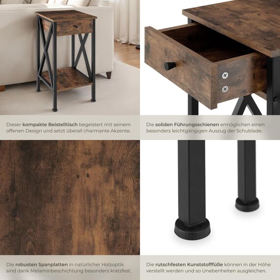 tectake® Industrial Möbel, Beistelltisch mit Schublade, Couchtisch mit Ablageflächen, Nachttisch schmal Schlafzimmer Deko,35 x 35 x 70,5 cm, Wohnzimmer Möbel - Industrial dunkel, rustikal