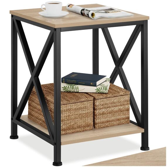 tectake® Industrial Möbel, Beistelltisch Holz und Metall, Schlafzimmer Nachttisch mit 2 Ebenen, Couchtisch mit X-Streben, Wohnzimmertisch, Beistelltisch Couch - Industrial Holz hell, Eiche Sonoma