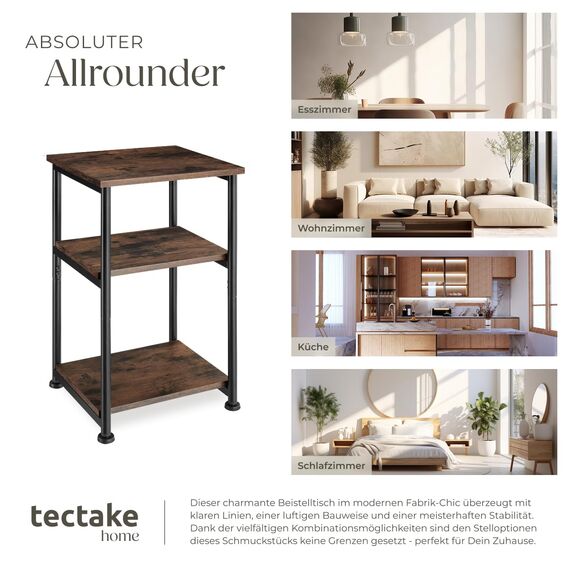tectake® Beistelltisch, Couchtisch mit Stauraum auf 3 Ebenen aus Holz + Metall, Nachttisch 34 x 30 x 59 cm, Couch Tisch Wohnzimmer Möbel, Deko Schlafzimmer - Industrial Dunkelbraun