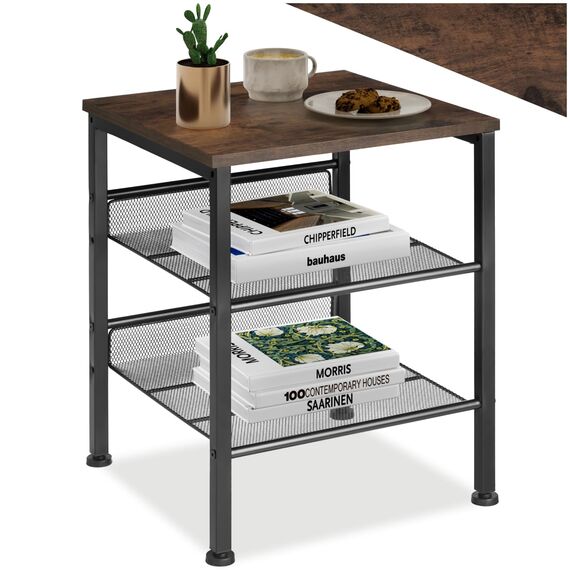 tectake® Beistelltisch Holz und Metall, Schlafzimmer Nachttisch mit 3 Ebenen, 2 Gitterablagen, Couchtisch, Wohnzimmertisch, Beistelltisch Couch - Industrial Holz dunkel, rustikal