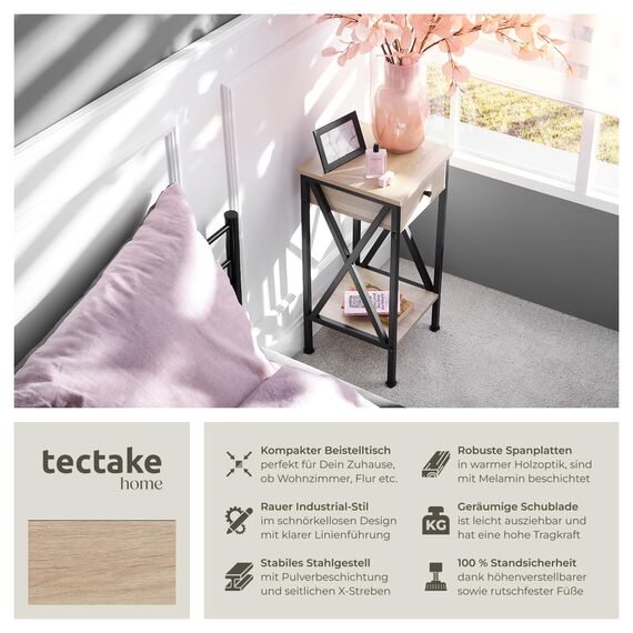 tectake® Industrial Möbel, Beistelltisch mit Schublade, Couchtisch mit Ablageflächen, Nachttisch schmal Schlafzimmer Deko,35 x 35 x 70,5 cm, Wohnzimmer Möbel - Industrial Holz hell, Eiche Sonoma