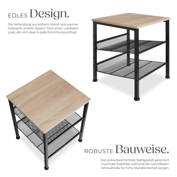 tectake Beistelltisch aus Holz und Metall, Nachttisch mit 2 Gitterablagen, Industrie-Design, für Wohnzimmer Schlafzimmer Büro Flur, schwarzes Metallgestell (Industrial Holz hell, Eiche Sonoma)