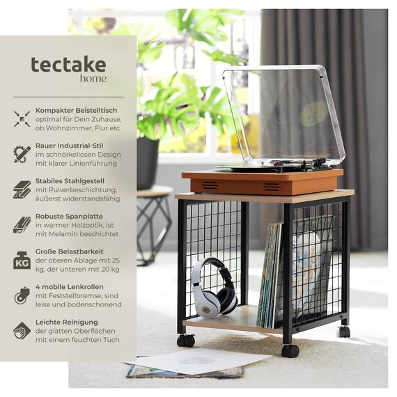 tectake® Couchtisch mit Stauraum, Nachttisch mit 2 Ablagen, Beistelltisch mit Rollen, 40 x 40 x 48 cm, Wohnzimmertisch, Nachttisch, Tisch Beistelltisch Couch - Industrial Holz hell, Eiche Sonoma