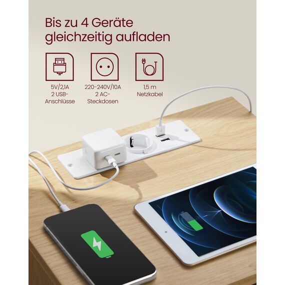 VASAGLE Kailyn Kollektion - Nachttisch mit Steckdosenleiste, 2er Set, Beistelltisch, 3 Schubladen, 2 AC-Steckdosen, 2 USB-A-Anschlüsse, modern, strohgelb LET831Y70