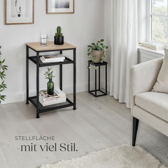 tectake® Beistelltisch Holz und Metall, Couchtisch mit Stauraum auf 3 Ebenen, Tisch Deko Wohnzimmer Möbel, Blumenständer, Deko Schlafzimmer, Beistelltisch Couch - Industrial Holz hell, Eiche Sonoma