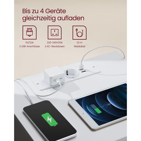 VASAGLE Kailyn Kollektion - Nachttisch mit Steckdosenleiste, Beistelltisch, 3 Schubladen, 2 AC-Steckdosen, 2 USB-A-Anschlüsse, modern, wolkenweiß LET631W14