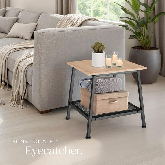 tectake® Beistelltisch Holz Metall, Couchtisch mit Stauraum, Nachttisch mit Gitterablage, Wohnzimmertisch 45,5 x 45 x 47 cm, Blumenständer, Beistelltisch Couch - Industrial Holz hell, Eiche Sonoma