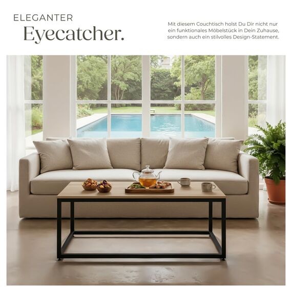 tectake® Couchtisch Holz und Metall, Wohnzimmertisch 100 x 55 x 45,5 cm, Sofa Tisch Wohnzimmer Möbel, Couch Tisch, Coffee Table, Zimmer Deko, Beistelltisch - Industrial Holz hell, Eiche Sonoma