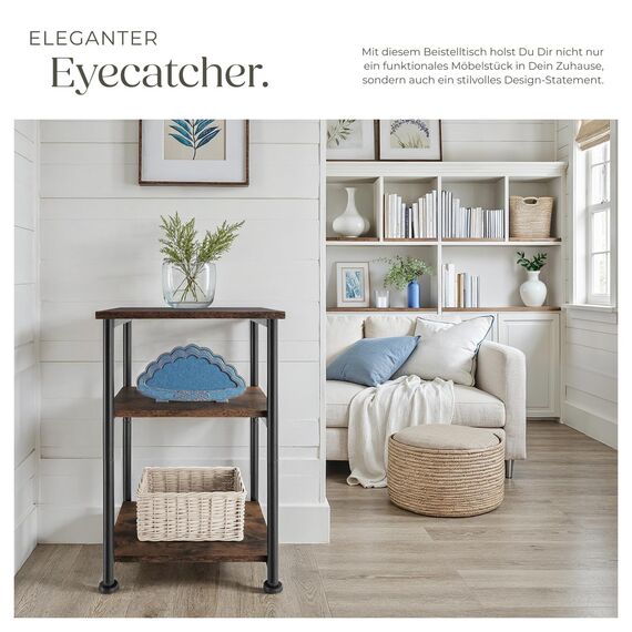 tectake® Beistelltisch, Couchtisch mit Stauraum auf 3 Ebenen aus Holz + Metall, Nachttisch 34 x 30 x 59 cm, Couch Tisch Wohnzimmer Möbel, Deko Schlafzimmer - Industrial Dunkelbraun