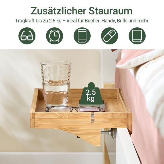 SoBuy Klemmregal fürs Bett mit Kabelführung - Bambus-Nachttisch für Bücher, Smartphones & Brillen, 36x25x9cm Natur NKD01-N