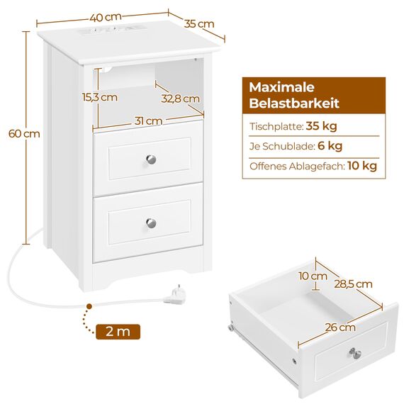 Yaheetech Nachttische 2er Set Beistelltisch mit Ladestation und 2 Schubladen Moderner Nachtschrank Holz Couchtisch Sofatisch für Schlafzimmer, Wohnzimmer, Weiß