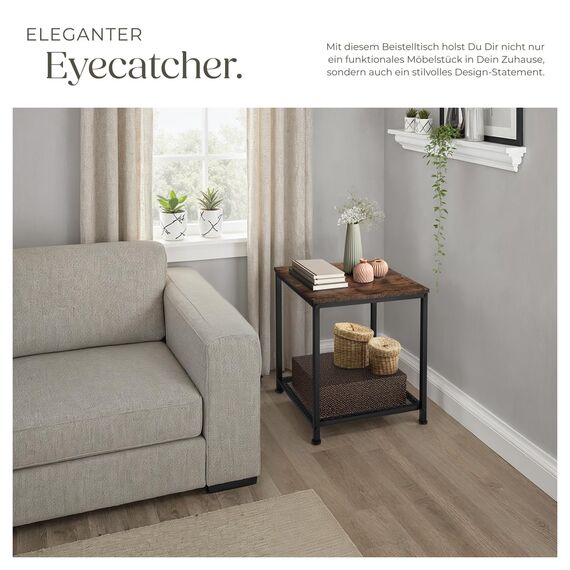 tectake® Beistelltisch Holz & Metall, Couchtisch mit Stauraum auf Zwei Ebenen, Kleiner Tisch 45,5 x 45,5 x 55,5 cm, Betttisch Deko Schlafzimmer, Couch Tisch, Industrial Dunkelbraun