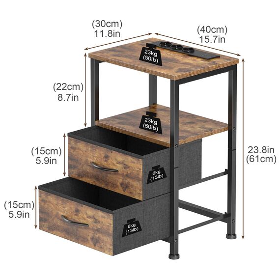 Yornoli Nachttisch 2er Set mit LED & Ladefunktion, Beistelltisch mit Schublade, Nachttische mit 3 AC-Anschlüsse & 2 USB-Anschlüssen, Beistelltische fürs Wohnzimmer, Schlafzimmer, Vintage Braun