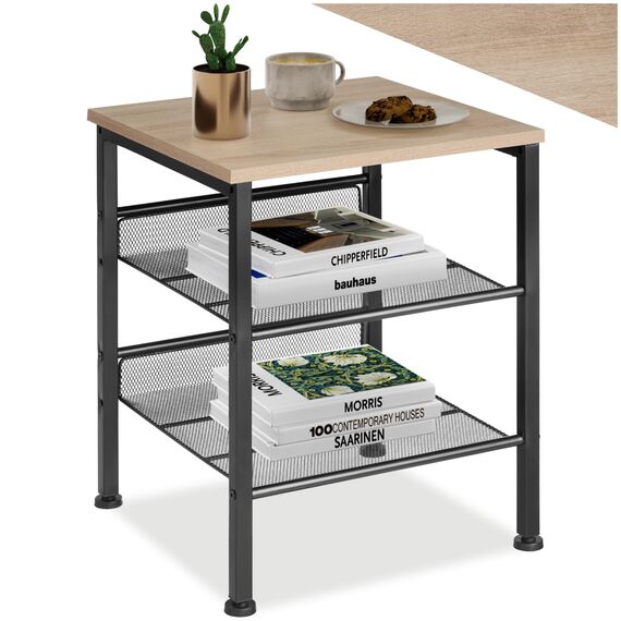 tectake Beistelltisch aus Holz und Metall, Nachttisch mit 2 Gitterablagen, Industrie-Design, für Wohnzimmer Schlafzimmer Büro Flur, schwarzes Metallgestell (Industrial Holz hell, Eiche Sonoma)