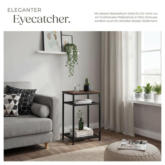 tectake® Beistelltisch Holz und Metall, Couchtisch mit Stauraum auf 3 Ebenen, Tisch Deko Wohnzimmer Möbel, Blumenständer, Deko Schlafzimmer, Beistelltisch Couch - Industrial Dunkelbraun