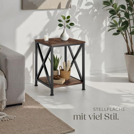 tectake® Industrial Möbel, Beistelltisch Holz und Metall, Schlafzimmer Nachttisch mit 2 Ebenen, Couchtisch mit X-Streben, Wohnzimmertisch, Beistelltisch Couch - Industrial Holz dunkel, rustikal