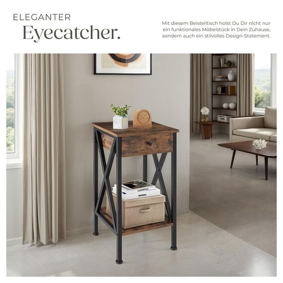 tectake® Industrial Möbel, Beistelltisch mit Schublade, Couchtisch mit Ablageflächen, Nachttisch schmal Schlafzimmer Deko,35 x 35 x 70,5 cm, Wohnzimmer Möbel - Industrial dunkel, rustikal