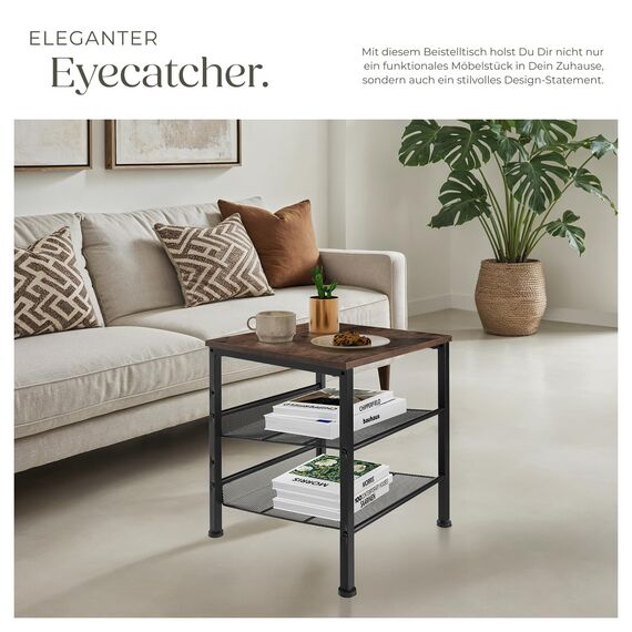tectake® Beistelltisch Holz und Metall, Schlafzimmer Nachttisch mit 3 Ebenen, 2 Gitterablagen, Couchtisch, Wohnzimmertisch, Beistelltisch Couch - Industrial Holz dunkel, rustikal