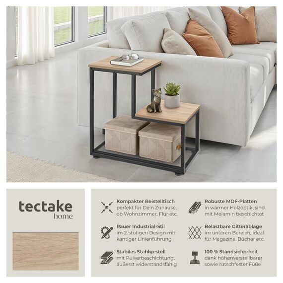 tectake® Industrial Beistelltisch Holz + Metall, Couchtisch 60,5 x 35,5 x 60,5 cm, Deko Wohnzimmer, Blumenständer, Pflanzenständer, Beistelltisch Couch, Nachttisch - Industrial Holz hell, Eiche Sonoma