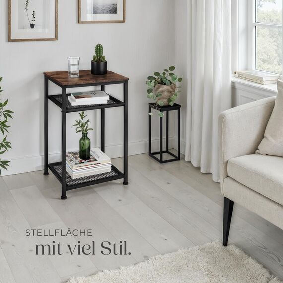 tectake® Beistelltisch Holz und Metall, Couchtisch mit Stauraum auf 3 Ebenen, Tisch Deko Wohnzimmer Möbel, Blumenständer, Deko Schlafzimmer, Beistelltisch Couch - Industrial Dunkelbraun