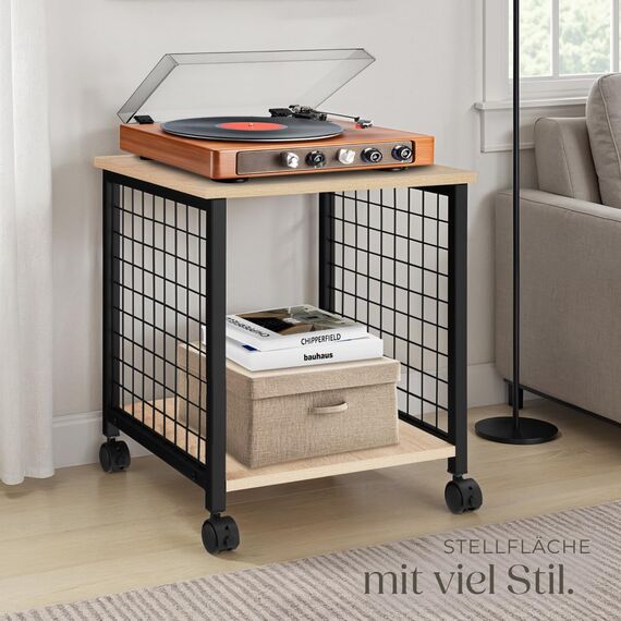 tectake® Couchtisch mit Stauraum, Nachttisch mit 2 Ablagen, Beistelltisch mit Rollen, 40 x 40 x 48 cm, Wohnzimmertisch, Nachttisch, Tisch Beistelltisch Couch - Industrial Holz hell, Eiche Sonoma