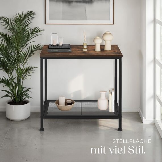 tectake® Beistelltisch Holz + Metall, Nachttisch schmal, Couchtisch mit Gitterablage, Konsolentisch, Tisch Wohnzimmer, Deko Schlafzimmer, Blumenständer - Industrial Holz dunkel, rustikal