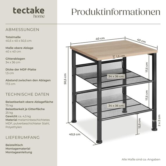 tectake Beistelltisch aus Holz und Metall, Nachttisch mit 2 Gitterablagen, Industrie-Design, für Wohnzimmer Schlafzimmer Büro Flur, schwarzes Metallgestell (Industrial Holz hell, Eiche Sonoma)
