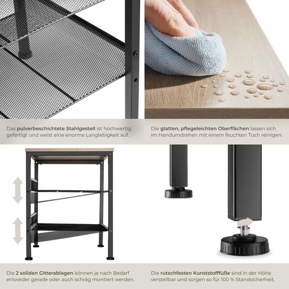 tectake Beistelltisch aus Holz und Metall, Nachttisch mit 2 Gitterablagen, Industrie-Design, für Wohnzimmer Schlafzimmer Büro Flur, schwarzes Metallgestell (Industrial Holz hell, Eiche Sonoma)