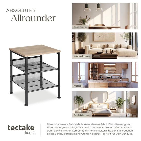 tectake Beistelltisch aus Holz und Metall, Nachttisch mit 2 Gitterablagen, Industrie-Design, für Wohnzimmer Schlafzimmer Büro Flur, schwarzes Metallgestell (Industrial Holz hell, Eiche Sonoma)