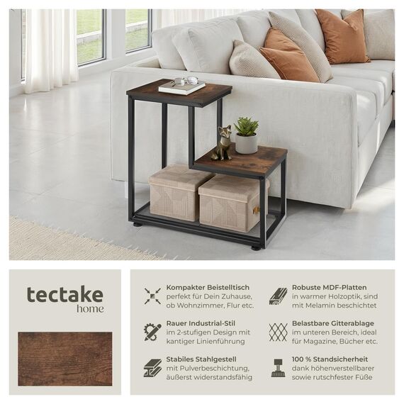 tectake® Industrial Beistelltisch Holz + Metall, Couchtisch 60,5 x 35,5 x 60,5 cm, Deko Wohnzimmer, Blumenständer, Pflanzenständer, Beistelltisch Couch, Nachttisch - Industrial Dunkelbraun