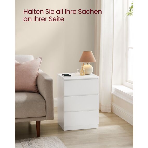VASAGLE Kailyn Kollektion - Nachttisch mit Steckdosenleiste, Beistelltisch, 3 Schubladen, 2 AC-Steckdosen, 2 USB-A-Anschlüsse, modern, wolkenweiß LET631W14