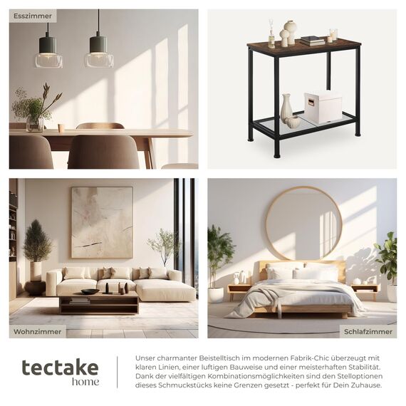 tectake® Beistelltisch Holz + Metall, Nachttisch schmal, Couchtisch mit Gitterablage, Konsolentisch, Tisch Wohnzimmer, Deko Schlafzimmer, Blumenständer - Industrial Holz dunkel, rustikal