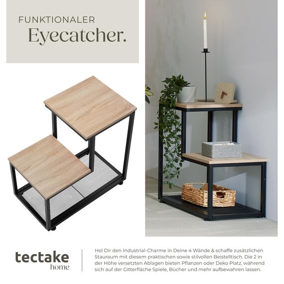 tectake® Industrial Beistelltisch Holz + Metall, Couchtisch 60,5 x 35,5 x 60,5 cm, Deko Wohnzimmer, Blumenständer, Pflanzenständer, Beistelltisch Couch, Nachttisch - Industrial Holz hell, Eiche Sonoma