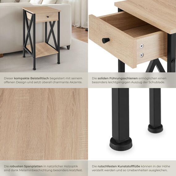 tectake® Industrial Möbel, Beistelltisch mit Schublade, Couchtisch mit Ablageflächen, Nachttisch schmal Schlafzimmer Deko,35 x 35 x 70,5 cm, Wohnzimmer Möbel - Industrial Holz hell, Eiche Sonoma