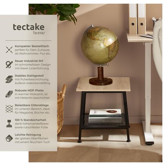 tectake® Beistelltisch Holz Metall, Couchtisch mit Stauraum, Nachttisch mit Gitterablage, Wohnzimmertisch 45,5 x 45 x 47 cm, Blumenständer, Beistelltisch Couch - Industrial Holz hell, Eiche Sonoma