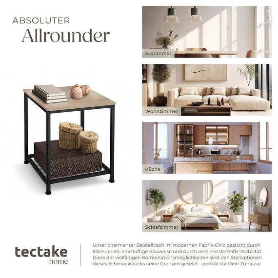 tectake® Beistelltisch Holz & Metall, Couchtisch mit Stauraum auf Zwei Ebenen, Kleiner Tisch 45,5 x 45,5 x 55,5 cm, Betttisch Deko Schlafzimmer, Couch Tisch, Industrial Holz hell, Eiche Sonoma