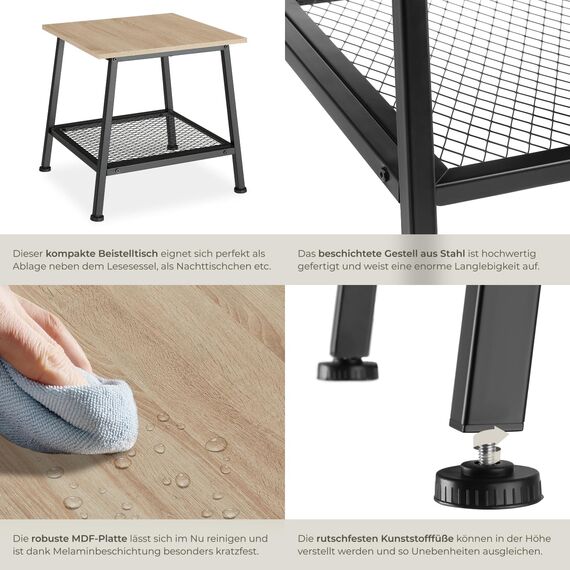 tectake® Beistelltisch Holz Metall, Couchtisch mit Stauraum, Nachttisch mit Gitterablage, Wohnzimmertisch 45,5 x 45 x 47 cm, Blumenständer, Beistelltisch Couch - Industrial Holz hell, Eiche Sonoma