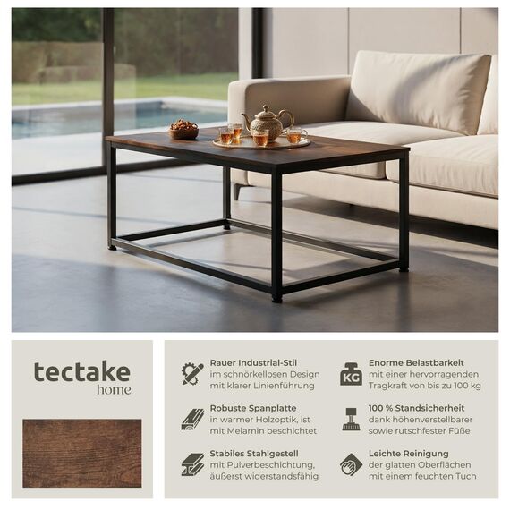 tectake® Couchtisch Holz und Metall, Wohnzimmertisch 100 x 55 x 45,5 cm, Sofa Tisch Wohnzimmer Möbel, Couch Tisch, Coffee Table, Zimmer Deko, Beistelltisch - Industrial Dunkelbraun