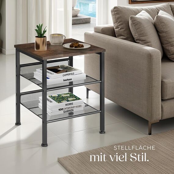 tectake® Beistelltisch Holz und Metall, Schlafzimmer Nachttisch mit 3 Ebenen, 2 Gitterablagen, Couchtisch, Wohnzimmertisch, Beistelltisch Couch - Industrial Holz dunkel, rustikal