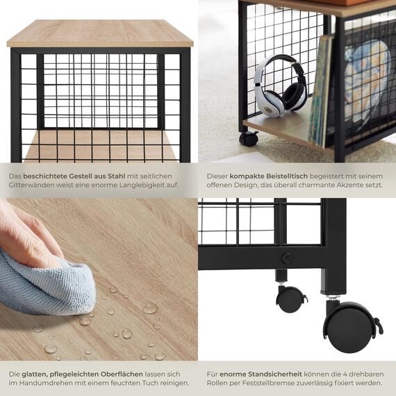 tectake® Couchtisch mit Stauraum, Nachttisch mit 2 Ablagen, Beistelltisch mit Rollen, 40 x 40 x 48 cm, Wohnzimmertisch, Nachttisch, Tisch Beistelltisch Couch - Industrial Holz hell, Eiche Sonoma