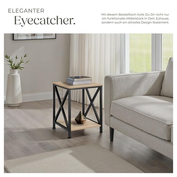 tectake® Industrial Möbel, Beistelltisch Holz und Metall, Schlafzimmer Nachttisch mit 2 Ebenen, Couchtisch mit X-Streben, Wohnzimmertisch, Beistelltisch Couch - Industrial Holz hell, Eiche Sonoma